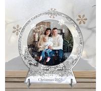 Personalised Family 2D Flat Snowglobe Photo Plaque - Custom Acrylic Freestanding Christmas Keepsake Ornament - Upload Own Photo & Family Name For a Custom Gift (Silver)
