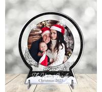 Personalised Family 2D Flat Snowglobe Photo Plaque - Custom Acrylic Freestanding Christmas Keepsake Ornament - Upload Own Photo & Family Name For a Custom Gift (Black)