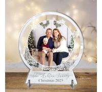 Personalised Family 2D Flat Snowglobe Photo Plaque - Custom Acrylic Freestanding Christmas Keepsake Ornament - Upload Own Photo & Family Name For a Custom Gift (White)