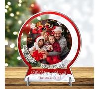 Personalised Family 2D Flat Snowglobe Photo Plaque - Custom Acrylic Freestanding Christmas Keepsake Ornament - Upload Own Photo & Family Name For a Custom Gift (Red)