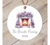 Personalised Family Fireplace Bauble Decoration - Custom Surname & Year Christmas Hanging Keepsake for Traditions Tree Decor (Purple & Grey, MDF Wood - Indoor use only)