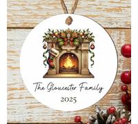 Personalised Family Fireplace Bauble Decoration - Custom Surname & Year Christmas Hanging Keepsake for Traditions Tree Decor (Green, Red & Gold, MDF Wood - Indoor use only)