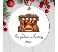 Personalised Family Fireplace Bauble Decoration - Custom Surname & Year Christmas Hanging Keepsake for Traditions Tree Decor (Red, MDF Wood - Indoor use only)