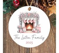 Personalised Family Fireplace Bauble Decoration - Custom Surname & Year Christmas Hanging Keepsake for Traditions Tree Decor (Pink & Silver, MDF Wood - Indoor use only)