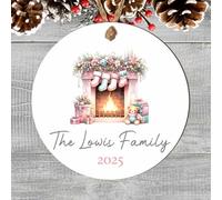 Personalised Family Fireplace Bauble Decoration - Custom Surname & Year Christmas Hanging Keepsake for Traditions Tree Decor (Pink & Blue, MDF Wood - Indoor use only)