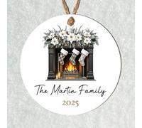 Personalised Family Fireplace Bauble Decoration - Custom Surname & Year Christmas Hanging Keepsake for Traditions Tree Decor (Black & White, MDF Wood - Indoor use only)