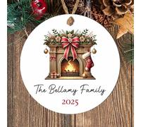 Personalised Family Fireplace Bauble Decoration - Custom Surname & Year Christmas Hanging Keepsake for Traditions Tree Decor (Red, White & Gold, MDF Wood - Indoor use only)