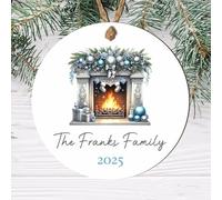 Personalised Family Fireplace Bauble Decoration - Custom Surname & Year Christmas Hanging Keepsake for Traditions Tree Decor (Blue & Silver, MDF Wood - Indoor use only)