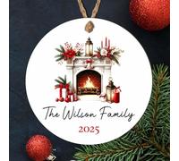 Personalised Family Fireplace Bauble Decoration - Custom Surname & Year Christmas Hanging Keepsake for Traditions Tree Decor (Red & White, MDF Wood - Indoor use only)