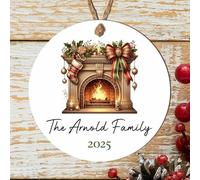Personalised Family Fireplace Bauble Decoration - Custom Surname & Year Christmas Hanging Keepsake for Traditions Tree Decor (Red, Green & Gold, MDF Wood - Indoor use only)