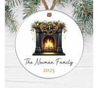 Personalised Family Fireplace Bauble Decoration - Custom Surname & Year Christmas Hanging Keepsake for Traditions Tree Decor (Black & Gold, Acrylic - Indoor & Outdoor use)