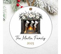 Personalised Family Fireplace Bauble Decoration - Custom Surname & Year Christmas Hanging Keepsake for Traditions Tree Decor (Black & White, Acrylic - Indoor & Outdoor use)