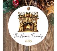 Personalised Family Fireplace Bauble Decoration - Custom Surname & Year Christmas Hanging Keepsake for Traditions Tree Decor (Gold, MDF Wood - Indoor use only)