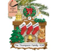 Personalised Family of 3 Ornament 2025 - Fast & Free 24h Customisation - Christmas Ornaments for Tree - Custom Gift Wrapped Traditional Fireplace with Stockings Keepsake for Three Persons