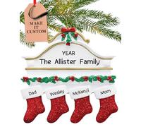 Personalised Family of 4 Ornament 2025 - Fast & Free 24h Customisation - Christmas Ornaments for Tree - Custom Gift Wrapped Red Stockings on Mantle Keepsake for Four Persons
