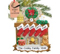 Personalised Family of 5 Ornament 2025 - Fast & Free 24h Customisation - Christmas Ornaments for Tree - Custom Gift Wrapped Traditional Fireplace with Stockings Keepsake for Five Persons