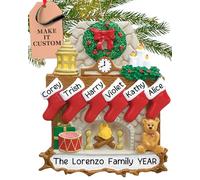 Personalised Family of 6 Ornament 2025 - Fast & Free 24h Customisation - Christmas Ornaments for Tree - Custom Gift Wrapped Traditional Fireplace with Stockings Keepsake for Six Persons