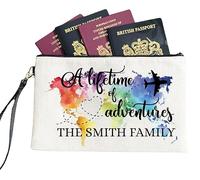 Personalised Family Passport Holder, 15 x 24 cm Linen Travel Document Organiser, Watercolour World Map Design, Holds 8 Passports (Passport Holder & 1 Luggage Tag)