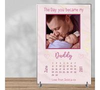 Personalised Family Plaque for Dads with Own Photo - The Day You Became My Daddy Design with Calendar & Hearts for Father’s Day & Birthdays (Pink, Acrylic - A4-30cm x 21cm)
