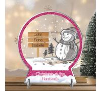 Personalised Family Snowman Signpost Snowglobe 2D Plaque - Custom Acrylic Freestanding Decoration with Family & Children's Names - Upto 6 Sign Posts (Pink, 3 Sign posts)