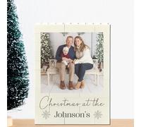 Personalised Family Surname Christmas Freestanding Photo Plaque | Custom Building Blocks Keepsake with Photo & Text | Christmas At The Surname's (Small - 7.9cm x 6.4cm)