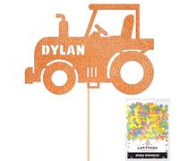 Personalised Farm Tractor Glitter Cake Topper- Copper Orange Any Custom Name Glitter Cake Decoration and Sprinkles - Happy Birthday Decorations - Personalised Toppers for Cakes by Cakeshop