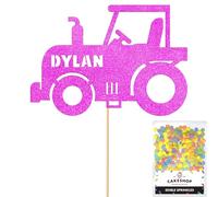 Personalised Farm Tractor Glitter Cake Topper- Pink Any Custom Name Glitter Cake Decoration and Sprinkles - Happy Birthday Decorations - Personalised Toppers for Cakes by Cakeshop