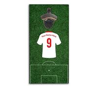 Personalised FathersDay Gifts for Dad - Wall Mounted Wooden Plaque with Metal Bottle Opener - Beer Gifts Presents for Dads - Football Themed - Choose Shirt Colour, Add Your Own Number and Name