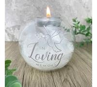 Personalised Feather Filled Glass "In Loving Memory" Tea Light Holder - Custom Message | Sympathy Gift, Remembrance