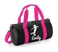 Personalised Female Footballer Barrel Bag Sports Holdall for Girls & Women, 12L Durable Gym Bag Training Kit Bag, 20x20x40cm Stylish Sports Equipment Storage - Black/Hot Pink