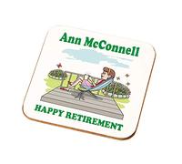 Personalised Female Happy Retirement Coaster Gift Ladies Friend Retiring Present (Brown Hair White Skin)