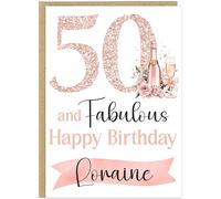Personalised Female Milestone Birthday Cards - Custom Name 30th 40th 50th 60th 70th 80th 90th Rose Gold Champagne Fabulous Happy Birthday Greeting Cards A5 (50th)
