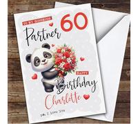 Personalised Female Partner 60th Birthday Card Panda With Flowers | Personalised Birthday Card For Partner, Her, 60th, Bears, Animals, Milestone Birthdays