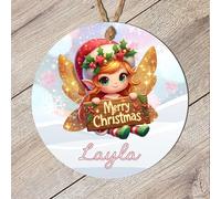 Personalised Festive Children's Fairy Hanging Decor Gift - Cute Winged Girl Elf Bauble with Custom Own Name Christmas Tree Decoration (Ginger gold wings, MDF Wood - Indoor use only)