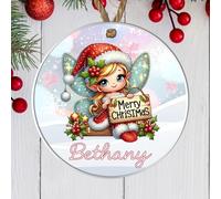 Personalised Festive Children's Fairy Hanging Decor Gift - Cute Winged Girl Elf Bauble with Custom Own Name Christmas Tree Decoration (Blonde turquoise wings 2, Acrylic - Indoor & Outdoor use)