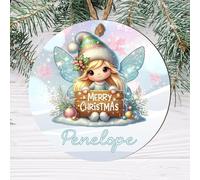 Personalised Festive Children's Fairy Hanging Decor Gift - Cute Winged Girl Elf Bauble with Custom Own Name Christmas Tree Decoration (Blonde turquoise wings, MDF Wood - Indoor use only)