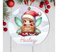 Personalised Festive Children's Fairy Hanging Decor Gift - Cute Winged Girl Elf Bauble with Custom Own Name Christmas Tree Decoration (Brunette green wings, MDF Wood - Indoor use only)
