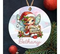 Personalised Festive Children's Fairy Hanging Decor Gift - Cute Winged Girl Elf Bauble with Custom Own Name Christmas Tree Decoration (Blonde turquoise wings 2, MDF Wood - Indoor use only)