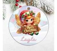 Personalised Festive Children's Fairy Hanging Decor Gift - Cute Winged Girl Elf Bauble with Custom Own Name Christmas Tree Decoration (Ginger gold wings, Acrylic - Indoor & Outdoor use)