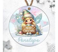 Personalised Festive Children's Fairy Hanging Decor Gift - Cute Winged Girl Elf Bauble with Custom Own Name Christmas Tree Decoration (Blonde turquoise wings, Acrylic - Indoor & Outdoor use)