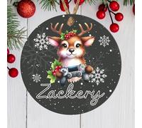 Personalised Festive Gaming Hanging Christmas Tree Bauble - Cute Reindeer, Gingerbread Man, Penguin & Snowman Childrens Name Keepsake (Reindeer, MDF Wood - Indoor use only)
