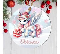 Personalised Festive Unicorn Hanging Christmas Tree Bauble - Custom Name Tree Decoration Gift for Children, Grandchildren & Siblings (Red hat, MDF Wood - Indoor use only)