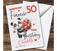 Personalised Fiancee 50th Birthday Card Panda With Flowers | Personalised Birthday Card For Fiancee, Her, 50th, Bears, Animals, Milestone Birthdays