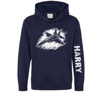 Personalised Fighter Jet Kids Hoodie - Military Aircraft Dot Design - Custom Name Sleeve Print - Aviation Hooded Top for Son - Boys Plane Lover Gift, 5-6 Years, Navy