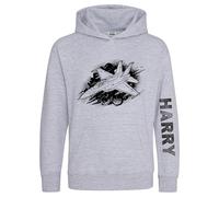 Personalised Fighter Jet Kids Hoodie - Military Aircraft Dot Design - Custom Name Sleeve Print - Aviation Hooded Top for Son - Boys Plane Lover Gift, 7-8 Years, Sport Grey