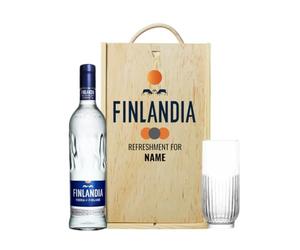 Personalised Finlandia Finland Vodka with Vodka Glass in Wooden Box Gift Set - Smooth Nordic 70cl - Ideal Alcohol Gift Set for Men or Women - Personalised Keepsake Box