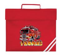 Personalised Fire Engine Book Bag Fire Flames Custom Name Boys Back to School Nursery Reception Infants, One Size, Red