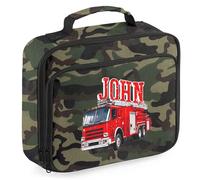 Personalised Fire Engine Lunch Box for Boys Custom Name Back to School Nursery Bag, 24cm x 20cm x 8cm, Camo
