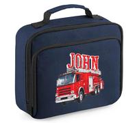 Personalised Fire Engine Lunch Box for Boys Custom Name Back to School Nursery Bag, 24cm x 20cm x 8cm, Navy