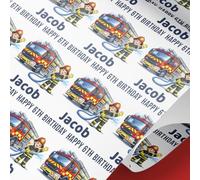 Personalised Fire Engine Wrapping Paper with Name & Age - Red Rescue Truck Birthday Gift Wrap - Premium 61cm Wide Roll (4mt)
